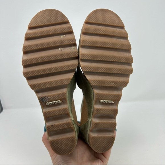 Sorel Joanie II Olive Green Leather Chunky Wedge Sandals Buckle Strap Size 10 - Picture 9 of 13